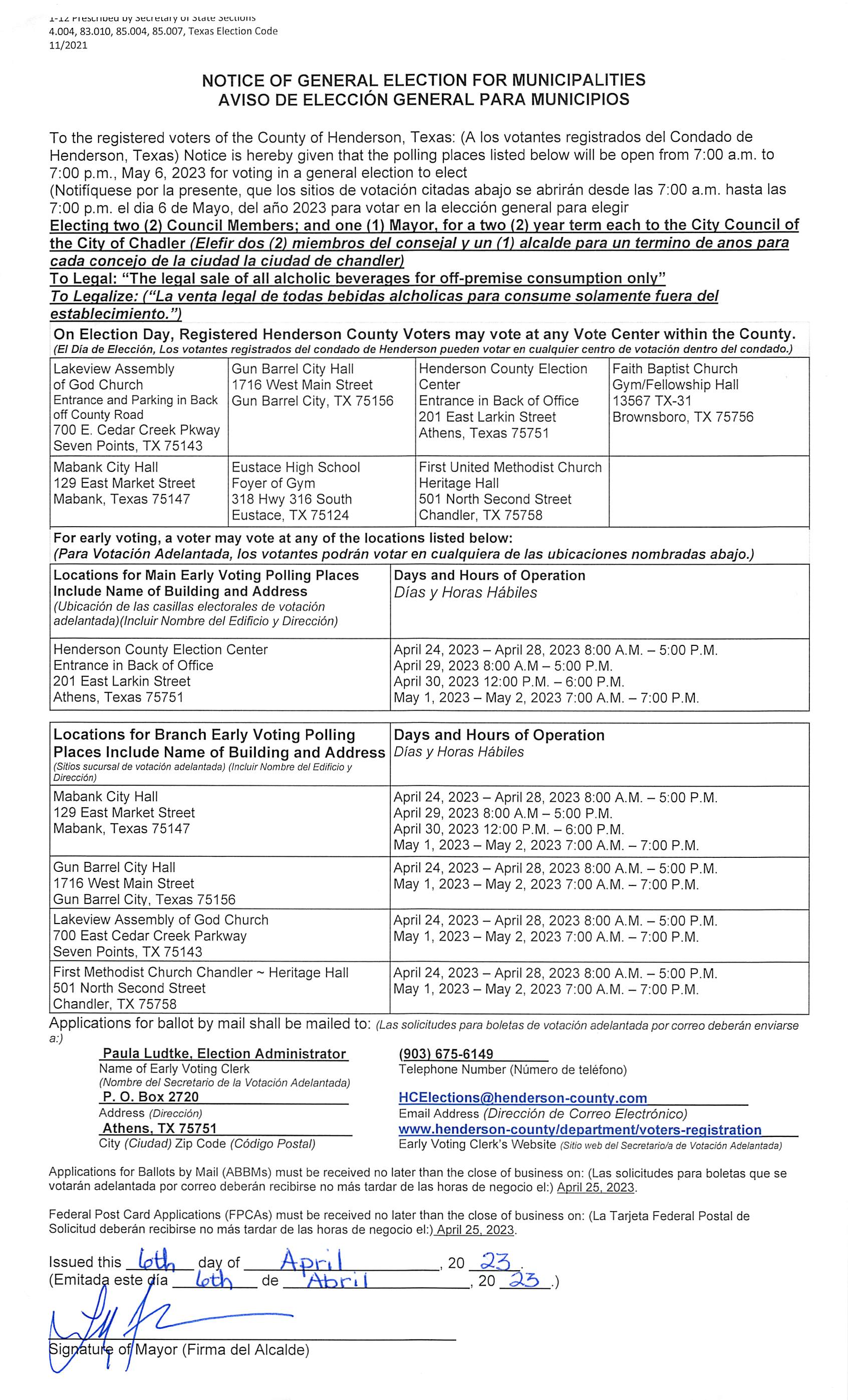 Notice of General Election for Municipalities